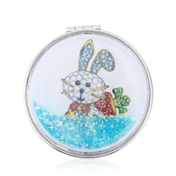 Bunny Rabbit w Carrot w Blue  Glitter Double Sided Compact Make Mirror - Picture 2 of 7